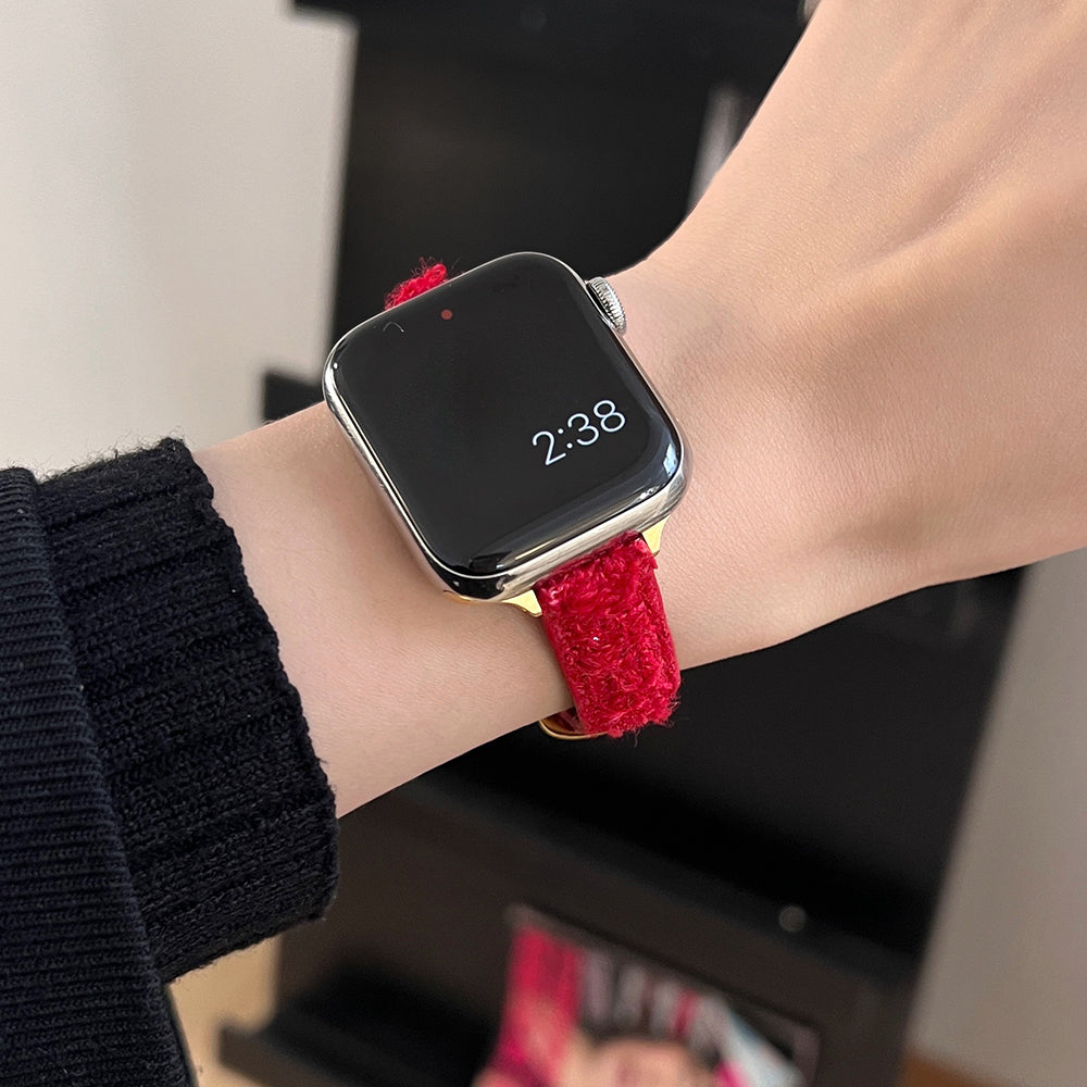 For Apple Watch Series 9 8 7 41mm / 6 5 4 SE (2023) SE (2022) SE 40mm / 3 2 1 38mm Woolen+Leather Watch Band - Red+Gold Buckle For Apple Watch Series 9 8 7 41mm / 6 5 4 SE (2023) SE (2022) SE 40mm / 3 2 1 38mm Woolen+Leather Watch Band - Red+Gold Buckle